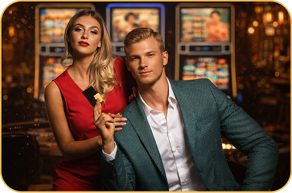 Elegantly dressed couple posing in casino lounge with slot machines