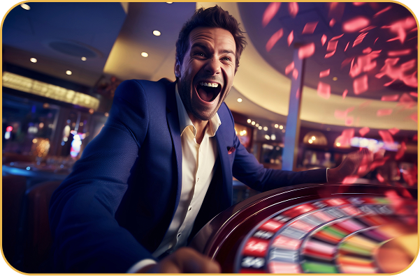 Man celebrating at roulette wheel with confetti falling