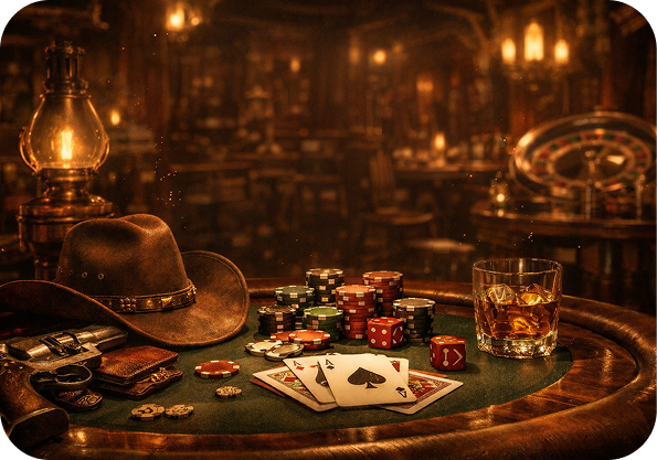 Western-themed casino table with cowboy hat, poker chips, and whiskey glass